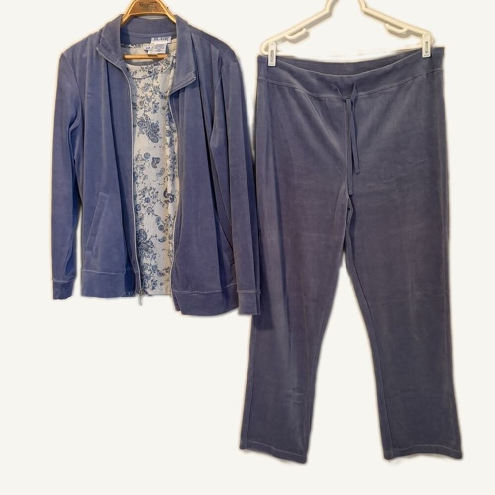 Blair Women's 3-Piece Velour Set L Blue Cream Floral Top Jacket & Pants
